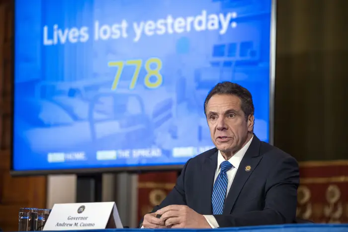 Former Gov. Andrew Cuomo provides a coronavirus update during an April 2020 press conference in the Red Room at the State Capitol.